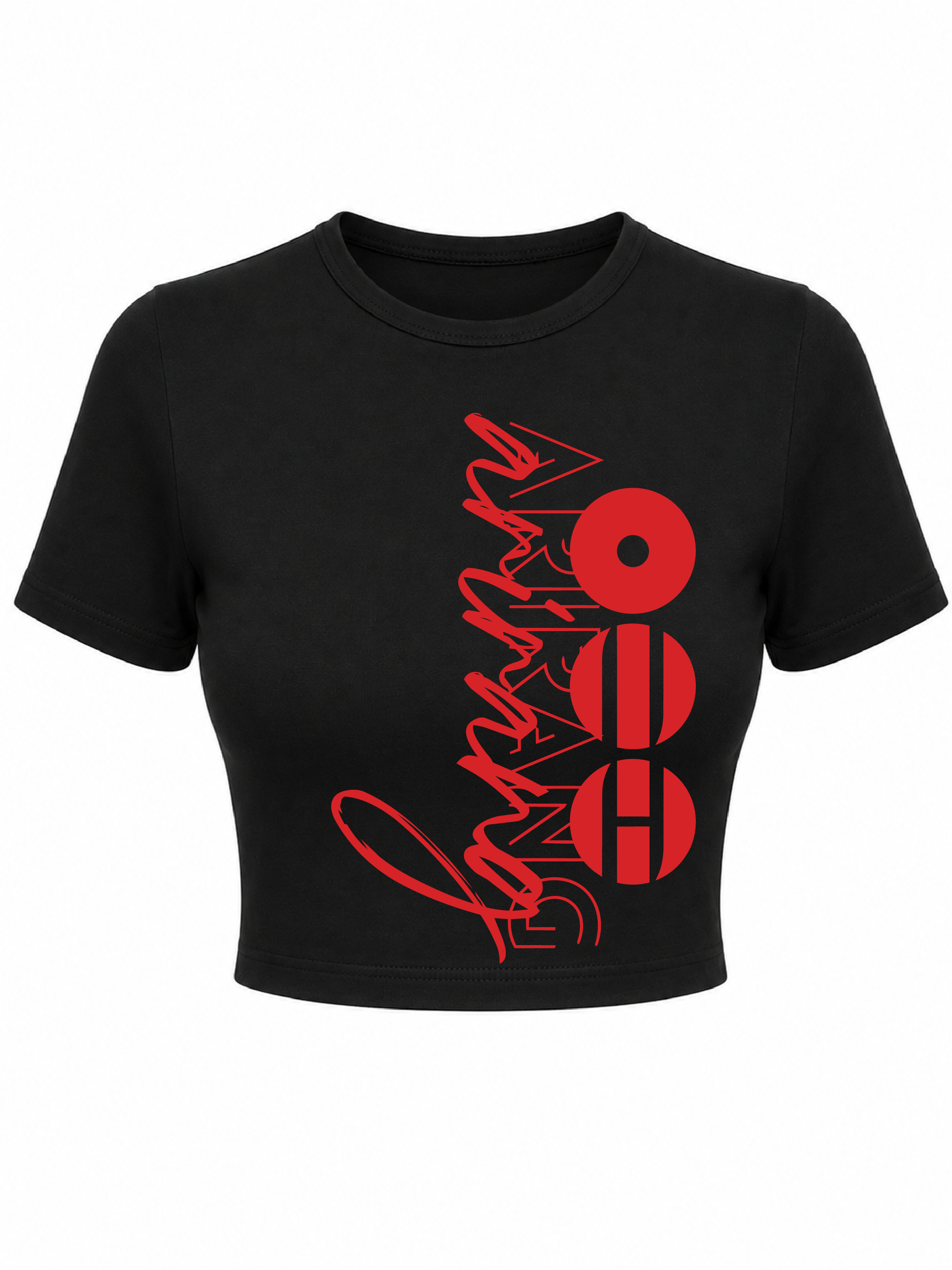 Baby tee Arirang Vertical rojo camiseta negra